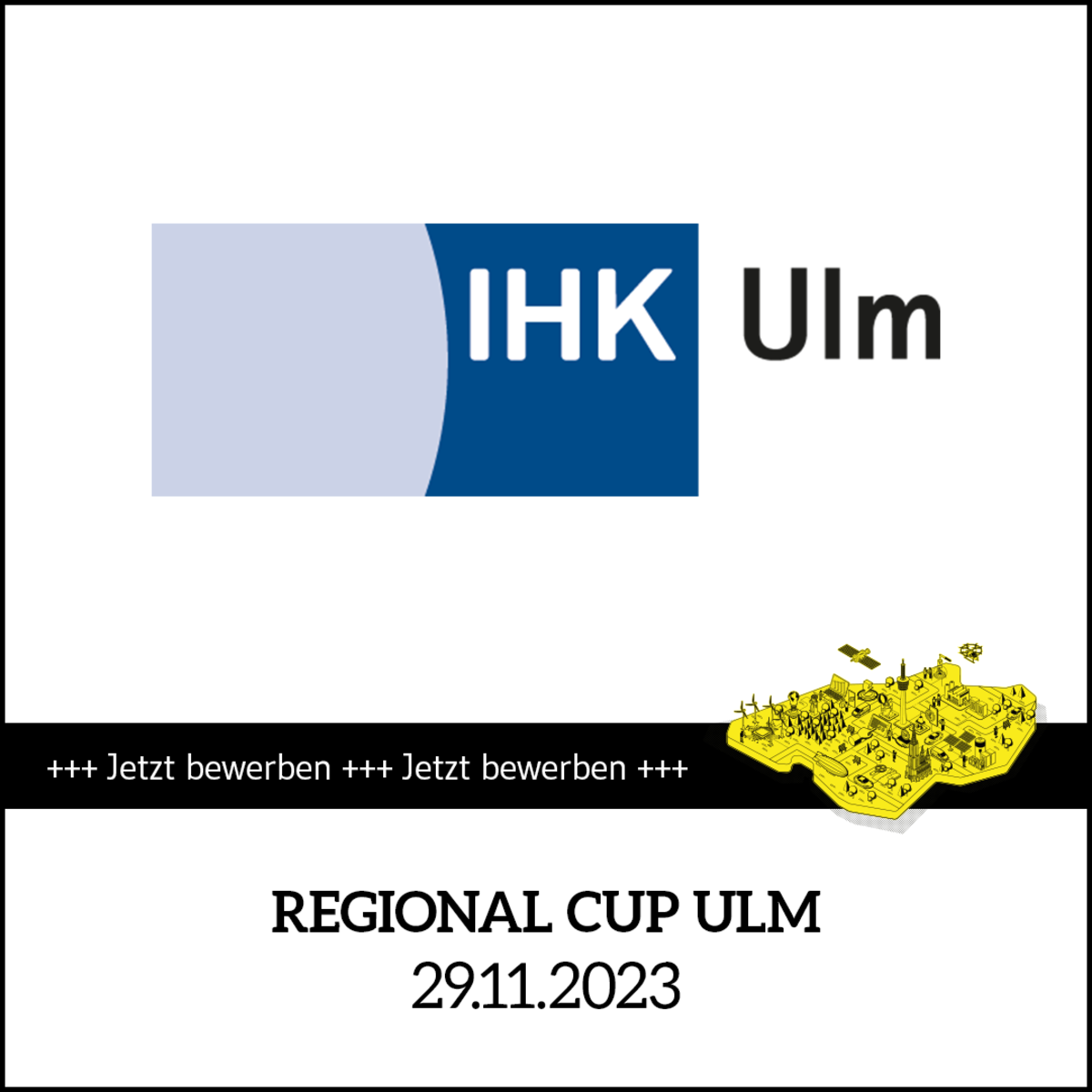 Termin Kachel Start-up BW Elevator Pitch 2024: Regional Cup Ulm am 29.11.2023. Text: Jetzt bewerben für den Regional Cup Ulm am 29.11.2023.