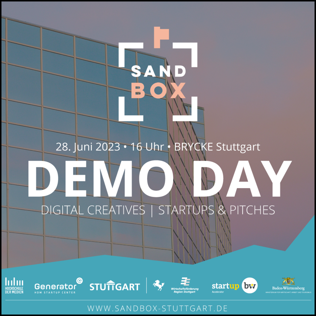Termin-Kachel für den Vorentscheid Sandbox Demo Day am 28.06.2023. Text: Demo Day, Digital Creatives, Startups & Pitches.