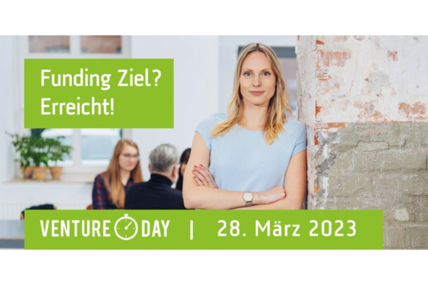 Flyer für den 15. Karlsruher Venture Day am 28. März 2023. Text: Funding Ziel? Erreicht! Logo: Venture Day.