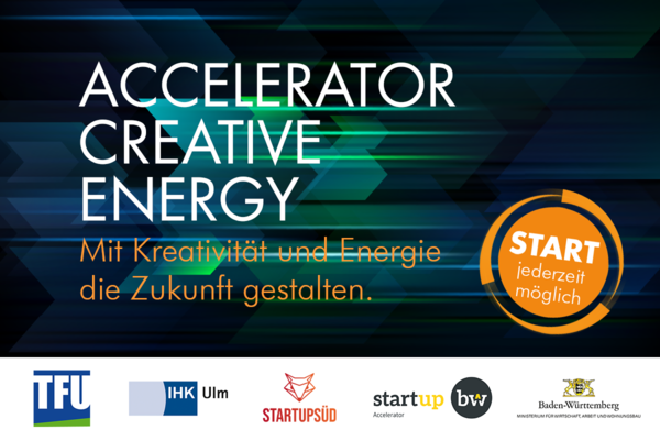 Visual zum Start des Accelerators Kreative Energy. Schrift und Partner-Logos.