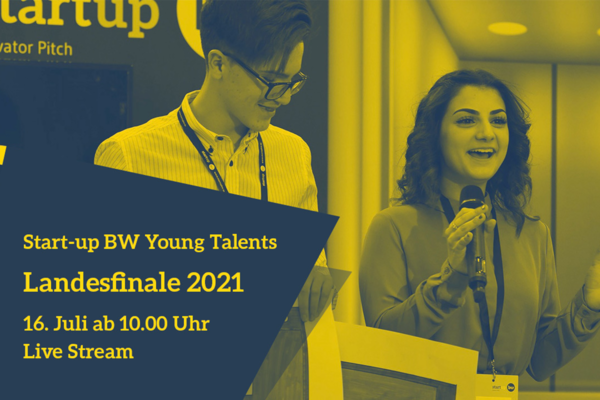 Einladung zum Online Landesfinale Start-up BW Young Talents 2021. Eine Schülerin und ein Schüler präsentieren auf einer Bühne.