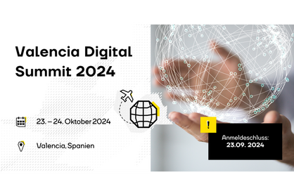 Key Visual zum Valencia Digital Summit 2024, eine internationale Tech Konferenz, vom 23. - 24. Oktober 2024 in Valencia, Spanien. Anmeldeschluss: 23. September 2024.