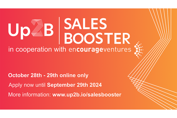 Veranstaltungshinweis für das Intensivprogramm Up2B Sales Booster am 28. und 29. Oktober 2024. Bewerbungsschluss für B2B Start-ups aus den Bereichen Industrie 4.0, Automatisierung, Digitalisierung, IoT und Big Data ist der 29. September 2024.