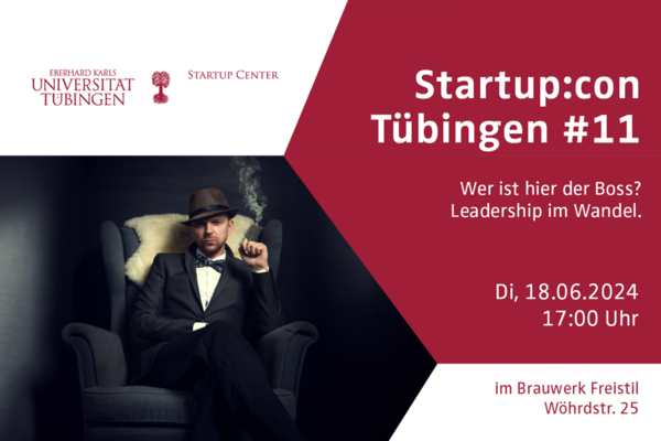 Veranstaltungsflyer für die elfte Ausgabe der Netzwerkveranstaltung Startup:con Tübingen am 18. Juni 2024. 