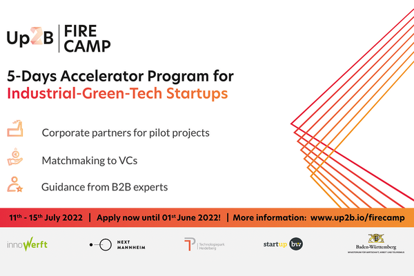 Flyer für das Up2B Programm FIRECAMP 2022. Text: 5-Days-Accelerator Program for Industrial-Green-Tech-Startups. Logos: Up2B Accelerator, InnoWerft, Next Mannheim, Technologiepark Heidelberg, Start-up BW und Wirtschaftsministerium Baden-Württemberg.