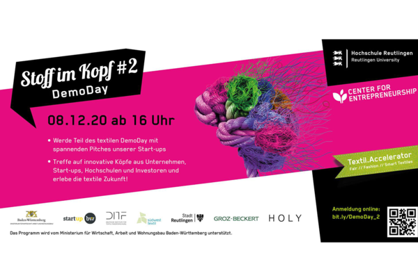 Einladung zum DemoDay des Textil-Accelerators Stoff im Kopf am 8. Dezember 2020 um 16:00 Uhr.