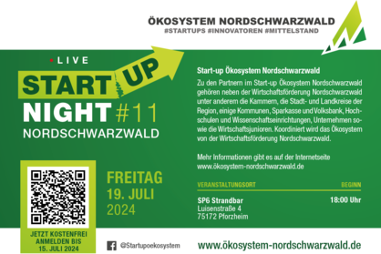 Veranstaltungsflyer für die Start-up Night #11 Nordschwarzwald am 19. Juli 2024 in der SP6 Strandbar in Pforzheim. 