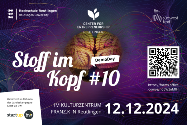 Flyer Demo Day des Textil.Accelerators Stoff im Kopf. Text: Stoff im Kopf #10 Demo Day 12.12.2024 im Kulturzentrum Franz.K in Reutlingen.