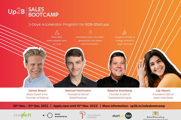 Flyer für das Programm "Sales Bootcamp" des Up2B Accelerators. Auf dem Flyer sind vier Sales-Coaches abgebildet. 