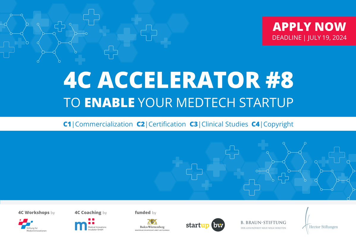 Flyer für den achten Programmdurchlauf des 4C Accelerators. Text: 4C ACCELERATOR to enable your MedTech Startup. C1 Commercialization, C2 Certification, C3 Clinical Studies, C4 Copyright. Apply now. Deadline: 19. Juli 2024.