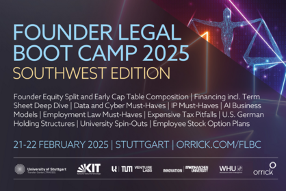 Key Visual für die Veranstaltung "Founder Legal Boot Camp 2025" am 21. und 22.02.2025 an der Universität Stuttgart.