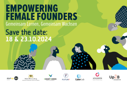 Einladungsflyer zur Veranstaltung Empowering Female Founders mit Text: Empowering Female Founders: Gemeinsam Lernen, Gemeinsam Wachsen, Save the Date: 18. + 23. Oktober 2024.