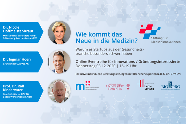 Einladung zur Veranstaltungsreihe "Wie kommt das Neue in die Medizin" der Stiftung für Medizininnovationen Tübingen.