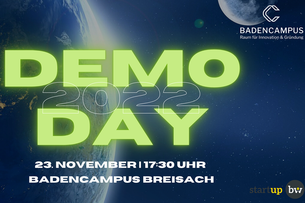 Event-Flyer BadenCampus Accelerator Demo Day 2022. Logos: BadenCampus, Start-up BW