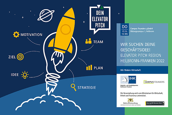 Einladungsflyer zum Start-up BW Elevator Pitch Region Heilbronn-Franken am 17.11.2022.