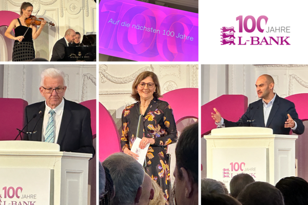 Collage mit Impressionen vom Festakt des 100-jährigen Jubiläums der L-Bank im Neuen Schloss in Stuttgart: Ministerpräsident Winfried Kretschmann, Vorsitzende des Vorstands der L-Bank - Edith Weymayr, Finanzminister Danyal Bayaz.