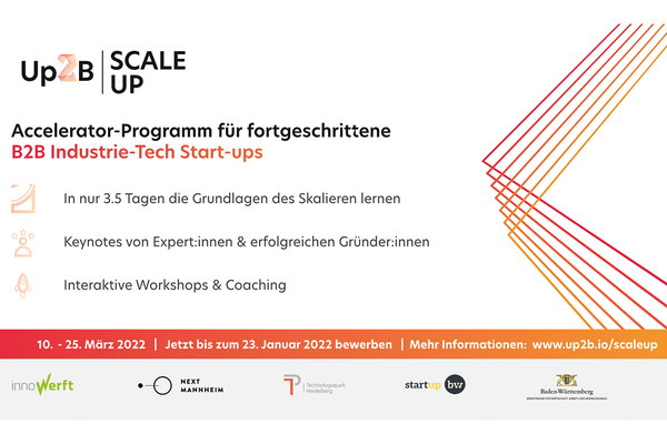 Flyer für das Up2B Scale Up-Programm. Text: Accelerator-Programm für fortgeschrittene B2B Industrie-Tech Start-ups. 