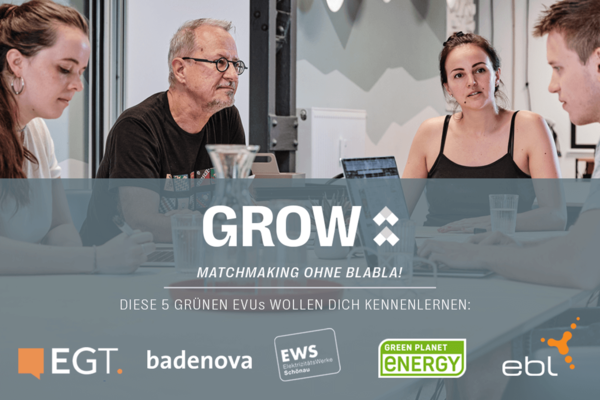 Flyer des Matching-Programms GROW: Vier Menschen sitzen an einem Tisch mit einem Laptop. Text im Bild: “GROW Matchmaking ohne blabla! Diese 5 grünen EVUs wollen Dich kennenlernen: Logos: EGT, badenova, EWS, Green Planet Energy und ebl.