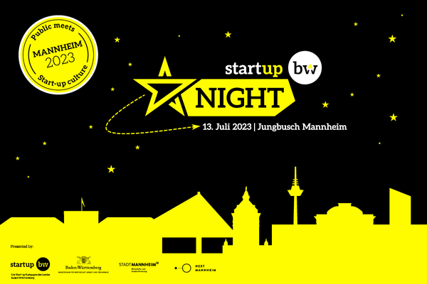 Visual zur Veranstaltung Start-up BW Night am 13. Juli 2023 im Mannheimer Stadtteil Jungbusch. Schwarzer Hintergrund mit gelben Sternen sowie die Umrisse von bekannten Gebäuden in Mannheim. Logos: Start-up BW Night, Start-up BW, Wirtschaftsministerium Baden-Württemberg, Stadt Mannheim und NEXT Mannheim.