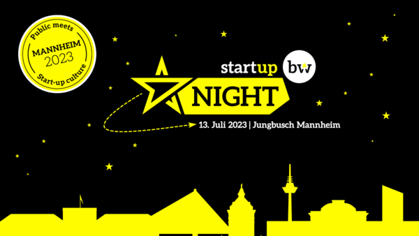 Visual zur Veranstaltung Start-up BW Night am 13. Juli 2023 im Mannheimer Stadtteil Jungbusch. Schwarzer Hintergrund mit gelben Sternen und Umrisse bekannter Mannheimer Gebäude. Logos der Veranstaltung Start-up BW Night, Start-up BW, Wirtschaftsministerium Baden-Württemberg, Stadt Mannheim und NEXT Mannheim.