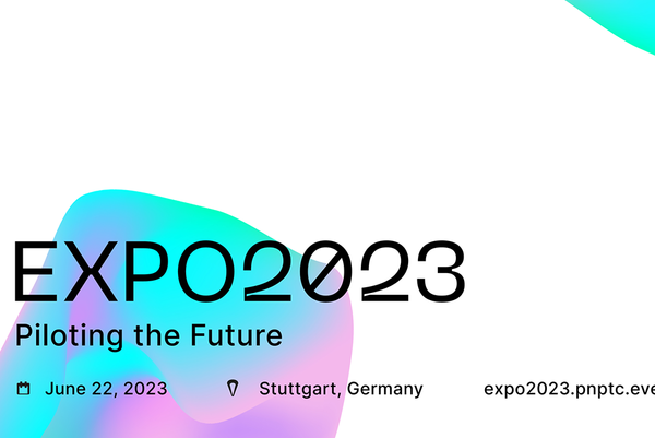 Event-Flyer für die EXPO2023. Text: June 22, 2023, Stuttgart, Germany, EXPO 2023, Piloting the Future, expo2023.pnptc.events. Logo: STARTUP AUTOBAHN powered by Plug and Play.