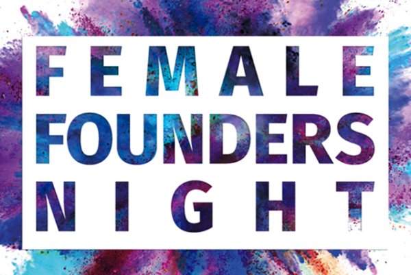 Schriftzug "Female Founders Night" vor bunten Farben in Lila- und Blautönen.