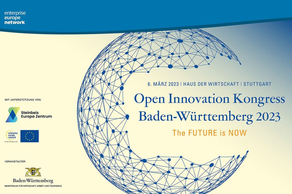 Web-Flyer Open Innovation Kongress Baden-Württemberg 2023. Text: 6. März 2023, Haus der Wirtschaft, Stuttgart, Open Innovation Kongress Baden-Württemberg 2023, The Future is now. Logos: Wirtschaftsministerium Baden-Württemberg, Steinbeis Europa Zentrum und enterprise europe network