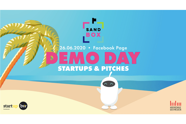 Grafik mit einer Strandsituation, dem Maskottchen der Sandbox und mehreren Logos sowie dem Datum und dem Titel der Veranstaltung Demo Day - Abschluss der fünften Kohorte des Accelerators für die Kreativwirtschaft "Sandbox"