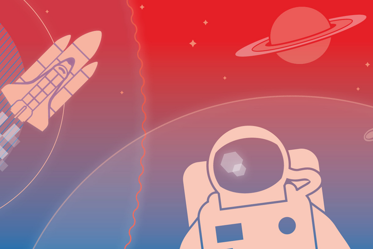 Grafik Planet, Astronaut und Rakete in rot, blau und weiß.