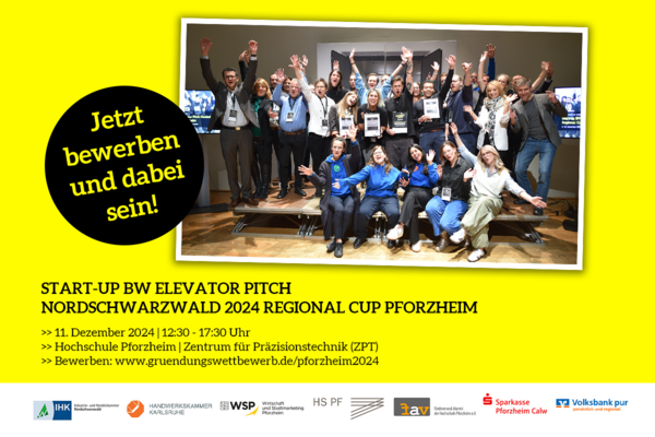 Gruppenbild Start-ups, Jury und Veranstaltungspartner beim Start-up BW Elevator Pitch Regional Cup Pforzheim. Termin und Anmeldelink für den Elevator Pitch in Pforzheim am 11. Dezember 2024.