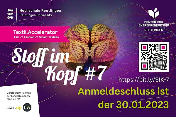 Flyer Bewerbungsphase des Textil.Accelerators Stoff im Kopf #7. Anmeldeschluss ist der 30.01.2023.