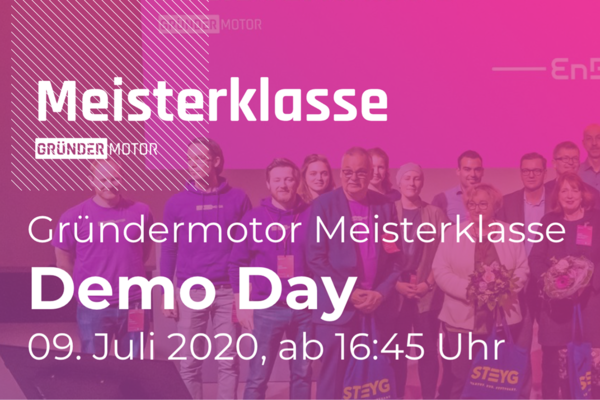 Weiße Schrift auf pink eingefärbtem Gruppenbild. Einladung zur Gründermotor-Veranstaltung am 9. Juli 2020