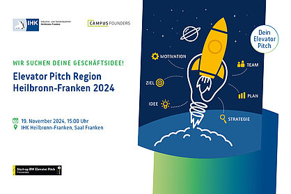 Key Visual für den Elevator Pitch Region Heilbronn-Franken 2024. Text: Wir suchen deine Geschäftsidee! Elevator Pitch Region Heilbronn-Franken 2024, 19. November 2024, 15:00 Uhr, IHK Heilbronn-Franken, Saal Franken, Vorentscheid Start-up BW Elevator Pitch.