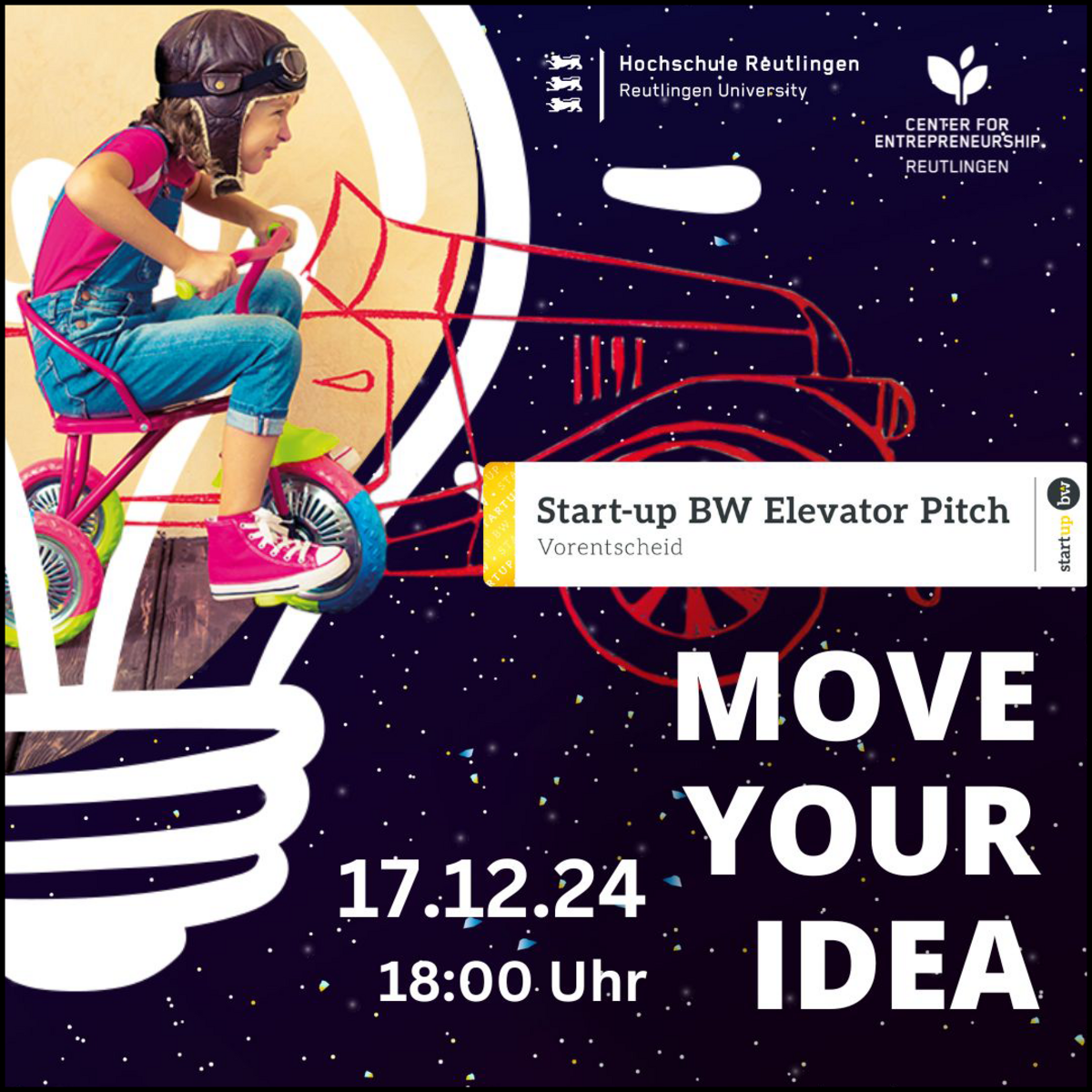 Veranstaltungshinweis für den Wettbewerb Move Your Idea am 17. Dezember 2024. Der Bewerbungsschluss für den Vorentscheid zum Start-up BW Elevator Pitch ist am 12. Dezember 2024.