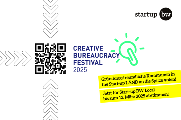 Key Visual Creative Bureaucracy Festival 2025, Text: Gründungsfreundliche Kommunen in the Start-up LÄND an die Spitze voten! Jetzt für Start-up BW Local bis zum 13. März 2025 abstimmen!