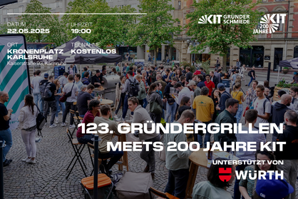 Veranstaltungshinweis für das 123. Gründergrillen am 22. Mai 2025 der KIT-Gründerschmiede. Im Rahmen der Veranstaltung wird das 200-jährige Jubiläum des KIT gefeiert.
