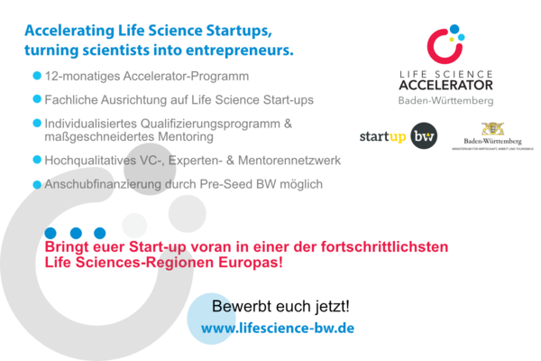 Infoflyer zum Lifescience Accelerator Baden-Württemberg. Schwarze Schrift auf weißem Hintergrund und Logos des Life Science Accelerators, Start-up BW und Wirtschaftsministerium Baden-Württemberg.