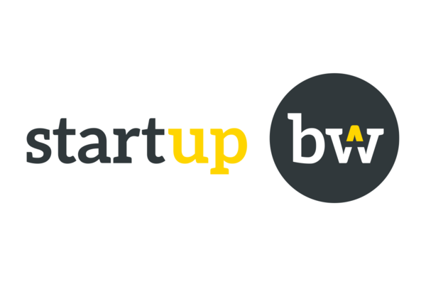 Logo Start-up BW. Schwarze, gelbe und weiße Schrift.