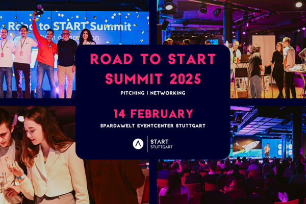 Key Visual Road to START Summit 2025. Pitching, Networking,14. February Spardawelt Eventcenter Stuttgart. Logo START Stuttgart.