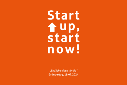 Veranstaltungshinweis Pforzheimer Gründertag 2024. Text: Start up, start now. "Endlich selbstständig", Gründertag, 19.07.2024.