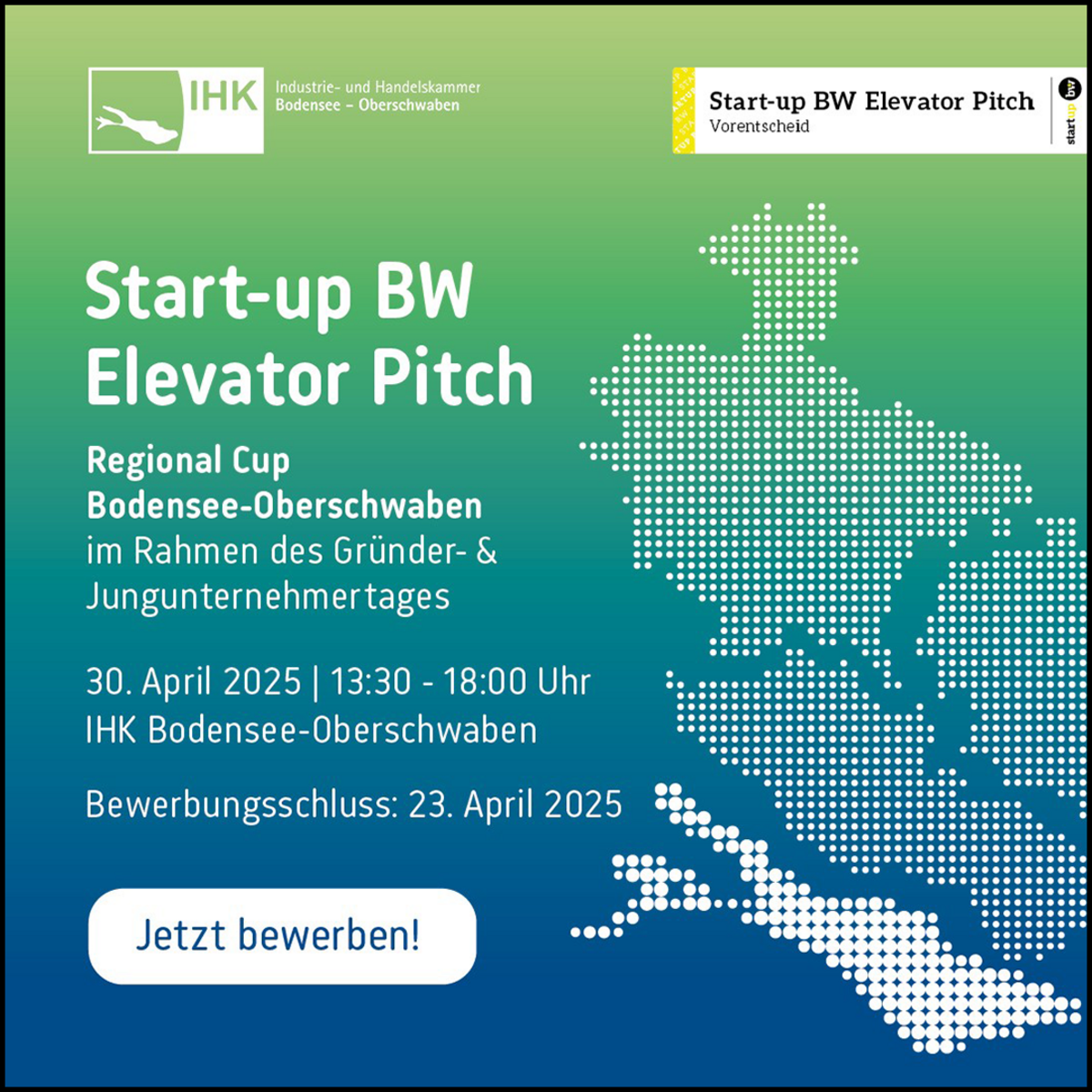 Veranstaltungshinweis für den Regional Cup Bodensee-Oberschwaben 2025, ein Vorentscheid zum Wettbewerb Start-up BW Elevator Pitch am 30. April 2025. Bewerbungsschluss für den Wettbewerb ist am 23. April 2025.