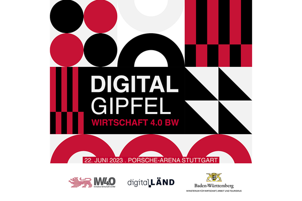 Event-Flyer für den Digitalgipfel Wirtschaft 4.0 Baden-Württemberg 2023. Text: 22. Juni 2023 Porsche-Arena Stuttgart. Logos: Initiative Wirtschaft 4.0, digital.LÄND und Wirtschaftsministerium Baden-Württemberg.