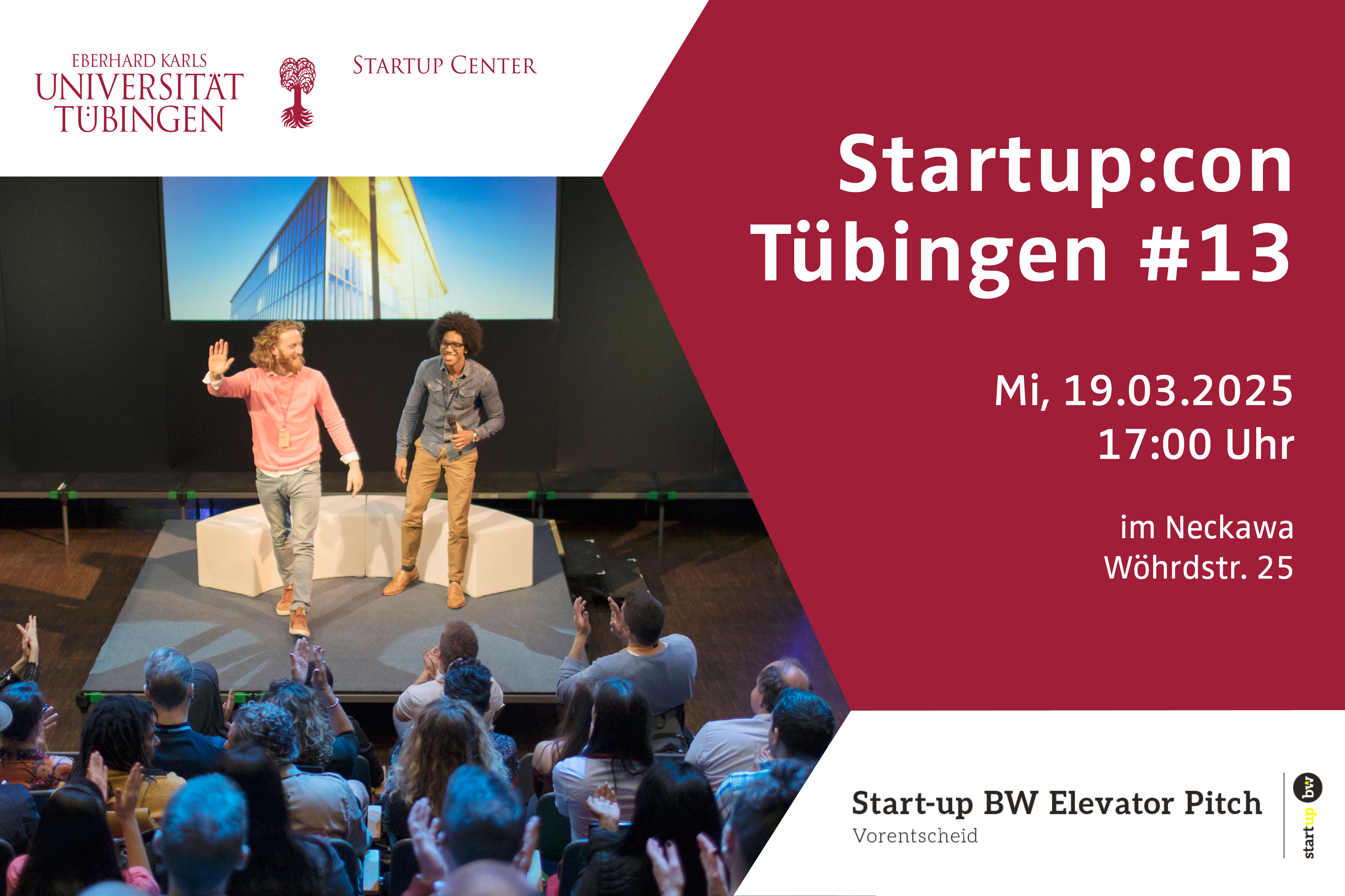 Key Visual für den Vorentscheid Start-up BW Elevator Pitch im Rahmen der Netzwerkveranstaltung Startup:con Tübingen #13. Mi, 19.03.25 ab 17:00 Uhr.