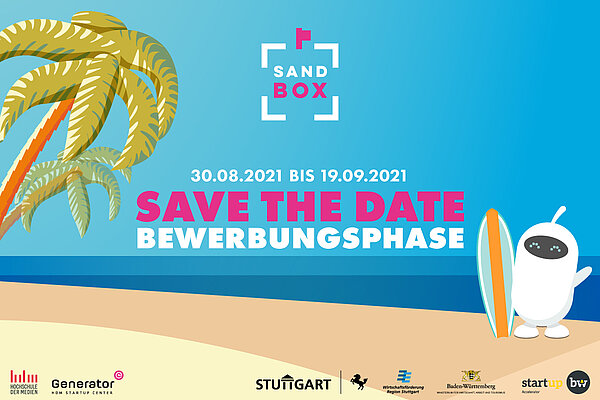 Bewerbungsflyer für die achte Runde des Sandbox Accelerators: Save the Date. 20.08. - 19.09.2021. 