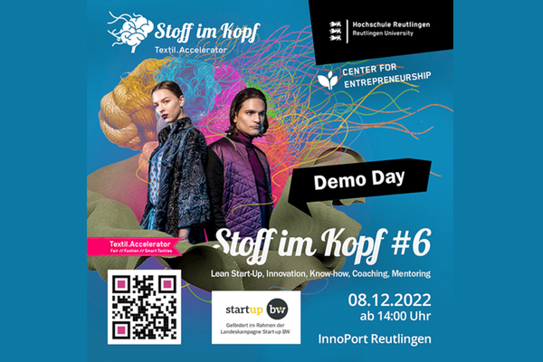 Einladung zum sechsten Demo Day des Textil.Accelerators Stoff im Kopf am 8.12.2022 im Innoport Reutlingen.