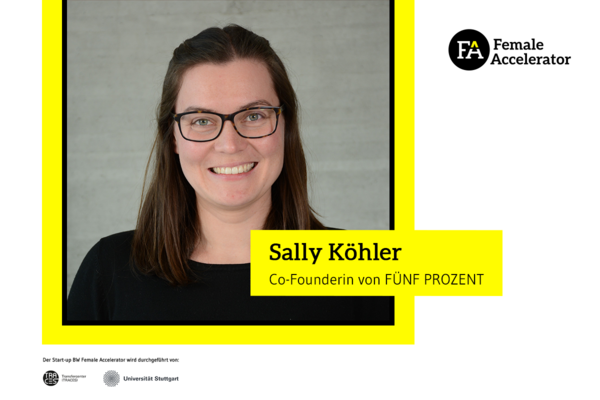 Bild von Sally Köhler mit Text: „Sally Köhler. Co-Founderin von FÜNF PROZENT.“