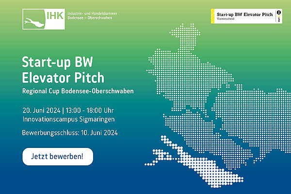 Veranstaltungsflyer für den Regional Cup Bodensee-Oberschwaben, im Rahmen des Gründer- und Jungunternehmertags am 20. Juni 2024 mit Text: Jetzt bewerben. Bewerbungsschluss: 10. Juni 2024.