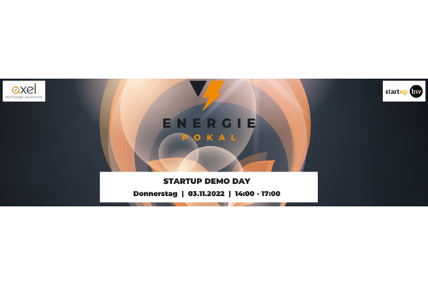 Event-Flyer "Demo Day" des neunten AXEL Team Trainings. Text: Startup Demo Day Donnerstag, 03.11.2022, 14:00 - 17:00. Im Hintergrund: Bild und Aufschrift "Energiepokal". Logos: Axel - Der Energie-Accelerator, Start-up BW