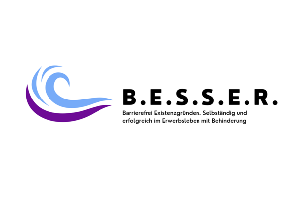 Logo Mentoring Angebot "Barrierefrei Existenzgründen. Selbständig und erfolgreich im Erwerbsleben mit Behinderung (BESSER) des Hildegardis-Vereins. Schwarze Schrift und geometrische Elemente in den Farben hellblau und lila.