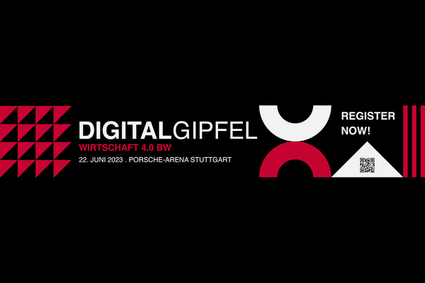 Flyer für den Digitalgipfel 2023 auf schwarzem Hintergrund. Text: DIGITALGIPFEL Wirtschaft 4.0 BW 22. Juni 2023 Porsche-Arena Stuttgart